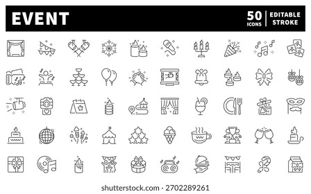 Event celebration icons set. editable line icons, outline, party and festivity symbols