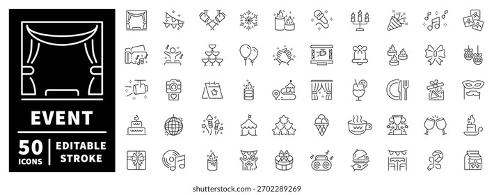 Conjunto de iconos de evento y celebración. iconos de línea editables, esquema, fiesta, festivo