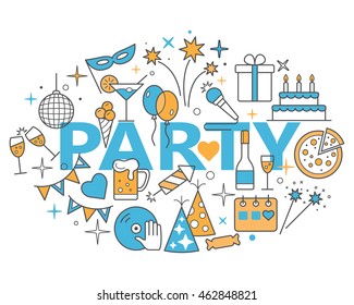 Event and Celebration Outline Icons. Party time concept illustration, thin line flat design.