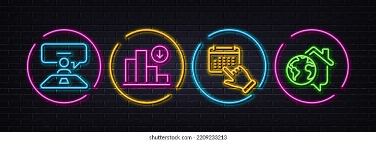 Event click, Decreasing graph and Interview job minimal line icons. Neon laser 3d lights. Work home icons. For web, application, printing. Calendar month, Crisis chart, Consulting. Vector
