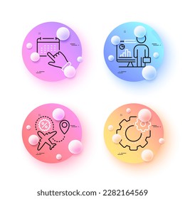 Event click, Flight sale and Teacher minimal line icons. 3d spheres or balls buttons. Cogwheel icons. For web, application, printing. Calendar month, Travel discount, Conference. Vector