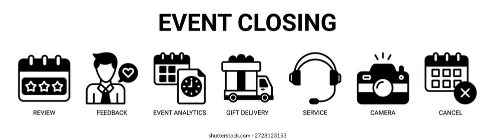 Concepto de Ilustración vectorial de icono de Anuncio de Web de cierre de eventos con icono de revisión, Comentarios, análisis de eventos, entrega de regalos, servicio, cámara y cancelación.