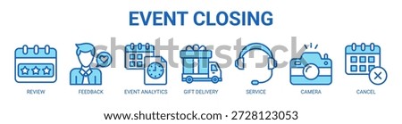 Event Closing web banner icon vector illustration concept with icon of review, feedback, event analytics, gift delivery, service, camera, and cancel.