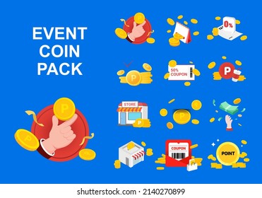 event coin bundle illustration set. paper, store, coupon, money, cash. Vector drawing. Hand drawn style.