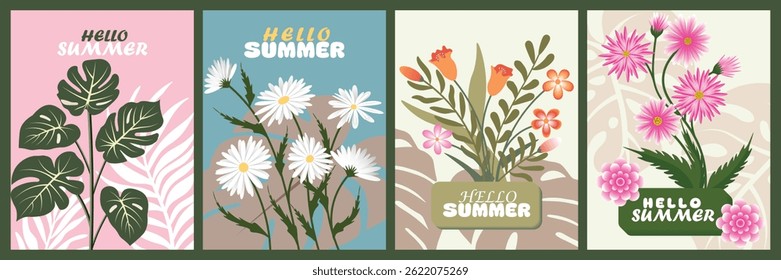 Event concept spring to summer greeting cards set plants, leaves, flowers clipart. Creative and minimalist style celebration poster, banner, covers, ads, branding, labels, print template collection.