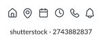 Event and Contact Information Line Icon Set. Linear Symbols for Time, Date, Address, Home, and Phone.