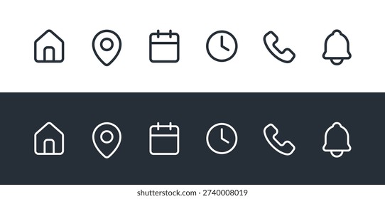 Event and Contact Information Line Icon Set. Linear Symbols for Time, Date, Address, Home, and Phone.
