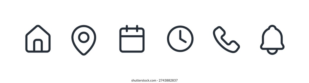Event and Contact Information Line Icon Set. Linear Symbols for Time, Date, Address, Home, and Phone.