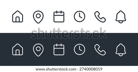 Event and Contact Information Line Icon Set. Linear Symbols for Time, Date, Address, Home, and Phone.