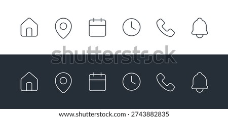 Event and Contact Information Line Icon Set. Linear Symbols for Time, Date, Address, Home, and Phone.