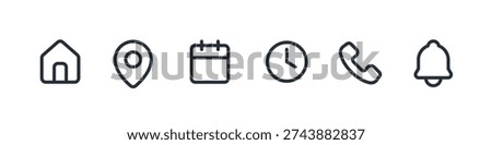 Event and Contact Information Line Icon Set. Linear Symbols for Time, Date, Address, Home, and Phone.