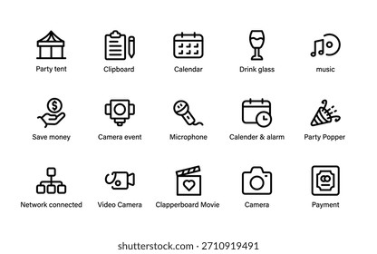 Event coordination and festivity icons. planning tools, guest experience, venue logistics, and celebration milestones modern symbol set.