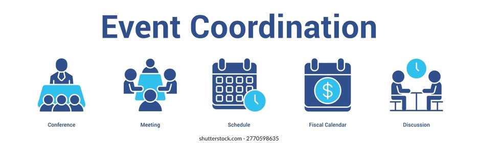 Event Coordination web banner icon set vector illustration concept for business with icon of Conference, Meeting, Schedule, Fis.