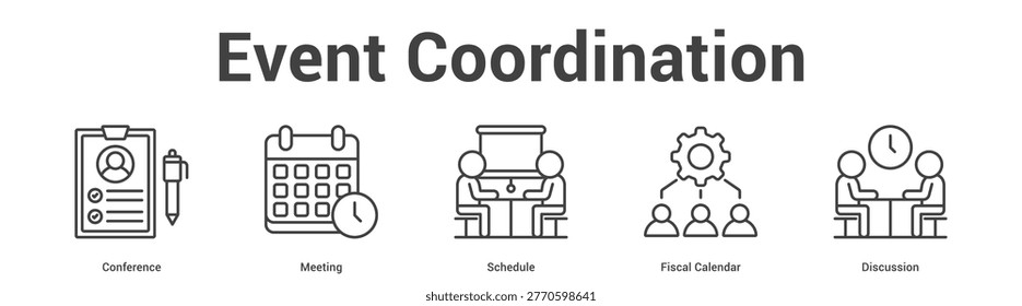 Event Coordination web banner icon set vector illustration concept for business with icon of Conference, Meeting, Schedule, Fis.