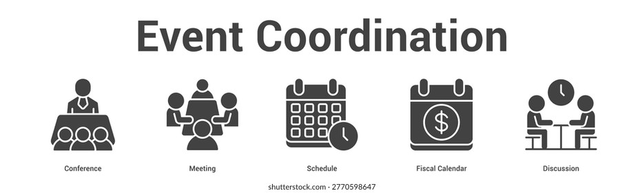 Event Coordination web banner icon set vector illustration concept for business with icon of Conference, Meeting, Schedule, Fis.