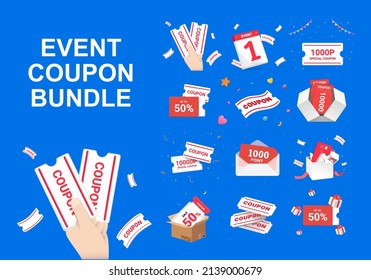 event coupon bundle illustration set. 3d, present, coin, gift box, confetti, point. Vector drawing. Hand drawn style.