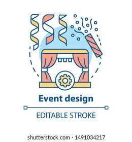 Event design concept icon. Holiday celebration preparation idea thin line illustration. Concert, theater performance planning. Stage construction. Vector isolated outline drawing. Editable stroke