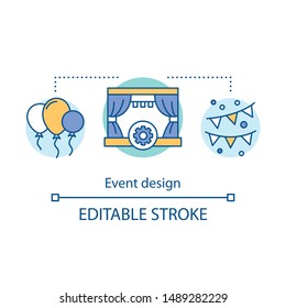 Event design concept icon. Organization idea thin line illustration. Room decoration. Event agency. Party preparation. Balloons and garlands. Vector isolated outline drawing. Editable stroke