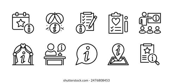 Conjunto de iconos de línea fina de información de detalle de eventos. Conteniendo fecha, horario, decoración, lista de verificación, planificación, recepción, ubicación, instrucción, información, centro de ayuda. Ilustración vectorial