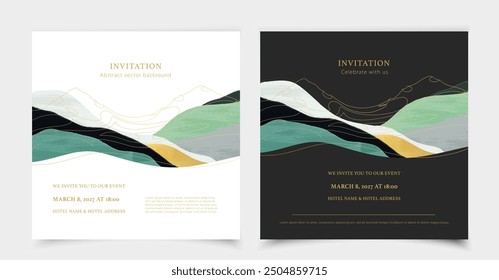 Event, dinner vector invitation. Set of wedding invitation. Night party, festival design template. Blue river, waves. Abstract mountain backgrounds. Retreat day and night flyer, banner design. Nature.