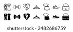 Event dress code thin line icon set. Containing clothes, tuxedo, shirt, suit, tie, shoe, hanger, and bag for fashion, wedding, ceremony, celebration, festival and other. Vector illustration