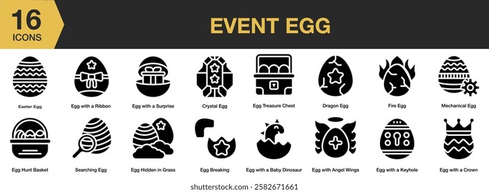 Event Egg solid icon set. Includes event, easter, egg, celebration, festive, and More. Solid icons vector collection.