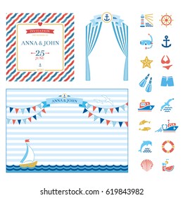Event elements Marine nautical wedding invitation, ark, press wall, Anchor, stripes, rope. Nautical event invitation, card, template wedding, party, save the date. Gold blue pink red marine banner