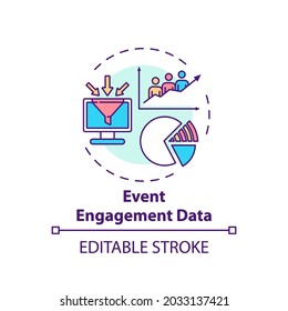 Event Engagement Data Concept Icon. Hybrid Event Measurement Idea Thin Line Illustration. Virtual Sessions And Content Analytics. Vector Isolated Outline RGB Color Drawing. Editable Stroke