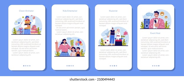 Event entertainer mobile application banner set. People celebrating children birthday, clown or illusionist show. Event host entertaining guests. Flat vector illustration