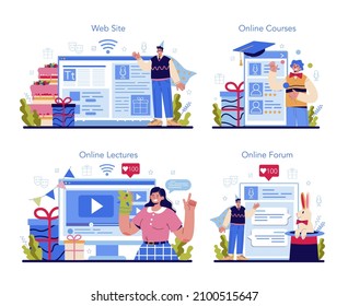 Event entertainer online service or platform set. People celebrating children birthday, event host, clown or illusionist show. Online course, forum, lecture, website. Flat vector illustration