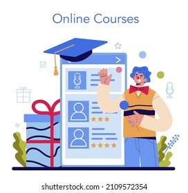 Event Entertainer Online Service Or Platform. People Celebrating Children Birthday, Event Host, Clown Or Illusionist Show. Online Course. Flat Vector Illustration