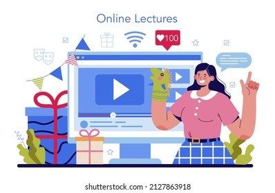 Event Entertainer Online Service Or Platform. People Celebrating Children Birthday, Event Host, Clown Or Illusionist Show. Online Lecture. Flat Vector Illustration