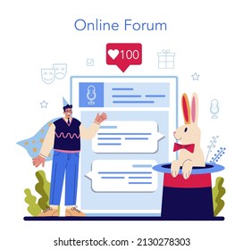 Event Entertainer Online Service Or Platform. People Celebrating Children Birthday, Event Host, Clown Or Illusionist Show. Online Forum. Flat Vector Illustration