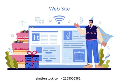 Event entertainer online service or platform. People celebrating children birthday, event host, clown or illusionist show. Website. Flat vector illustration