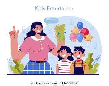 Event entertainer. People celebrating children birthday, clown or illusionist show. Event host entertaining guests. Flat vector illustration