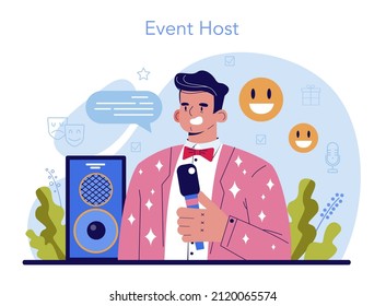 Event entertainer. People celebrating children birthday, clown or illusionist show. Event host entertaining guests. Flat vector illustration