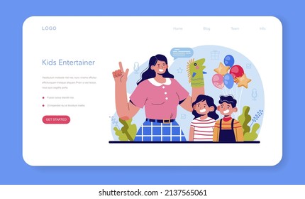 Event entertainer web banner or landing page. People celebrating children birthday, clown or illusionist show. Event host entertaining guests. Flat vector illustration