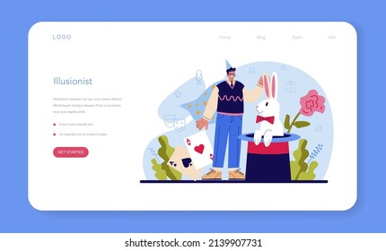 Event entertainer web banner or landing page. People celebrating children birthday, illusionist show. Event host entertaining guests. Flat vector illustration
