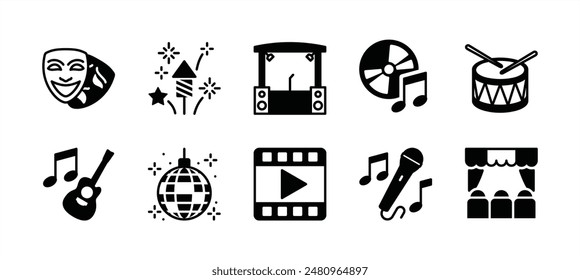 Event entertainment icon set. Containing theatre mask, fireworks, stage, concert music, drum, acoustic guitar, disco ball, karaoke, singing, cinema movie video. Vector illustration