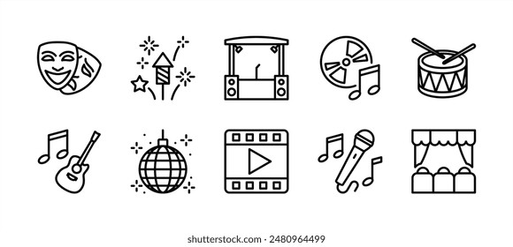 Event entertainment thin line icon set. Containing theatre mask, fireworks, stage, concert music, drum, acoustic guitar, disco ball, karaoke, singing, cinema movie video. Vector illustration