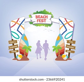 Event entrance arch for beach festival  activities with colored theme. Editable illustration.