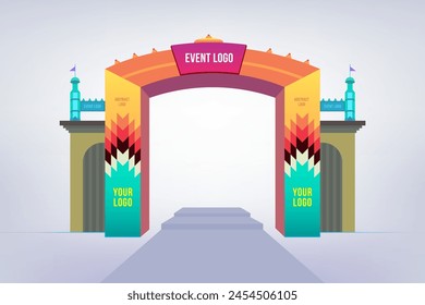 Event entrance arch design with colorful graphics in editable illustration for mockups and rebranding