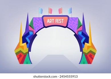 Diseño del arco de entrada del evento con gráficos temáticos coloridos para diversos eventos y festivales. Vector editable.