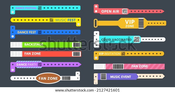 Event entrance plastic bracelet, pass\
wristband for concert. Wrist band with qr code covid vaccinated.\
Vip party access control vector set of identification pass for\
access event\
illustration