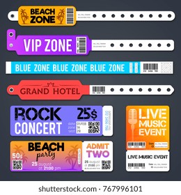 Event entrance vector bracelets and stadium zone admission tickets templates isolated. Bracelet for entry and admit to show concert illustration