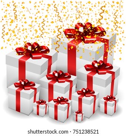 Event Festive Background with Realistic 3D Present Boxes and Golden Confetti Falling. Vector Illustration