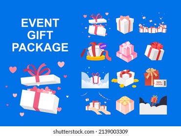 event gift box package illustration set. present, ribbon, heart, garland, confetti. Vector drawing. Hand drawn style.