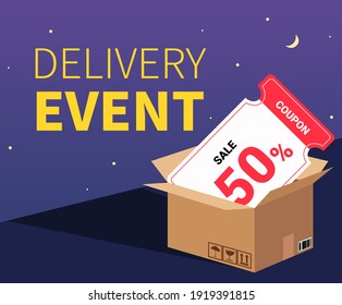 Event to give a 50% discount coupon for early morning delivery illustration set. box, ticket, shopping, parcel service, shipping. Vector drawing. Hand drawn style.