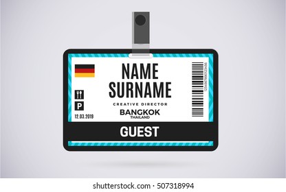 Event Guest Id Card Plastic Badge. Vector Design And Text Template Illustration