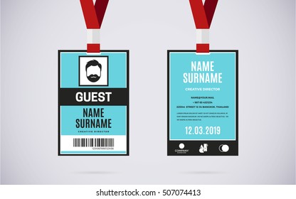 Event Guest id card set with lanyard. vector design and text template illustration